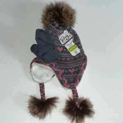 Bebé Niña Infantil Sombrero con Ribete de Piel Forro Sherpa y 2 Mitones Guantes Corazón Set Foto 1 de 4