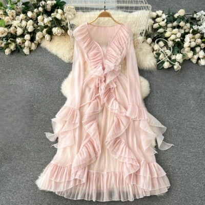 Damen Rüschen Mantel Jacke Strickjacke Langärmlig Chiffon Schier Abgestuft Lagig - Bild 1 von 4