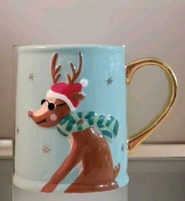  Trineo de renos de Navidad divertido perro azul dorado copo de nieve taza de café taza regalo Foto 1 de 4