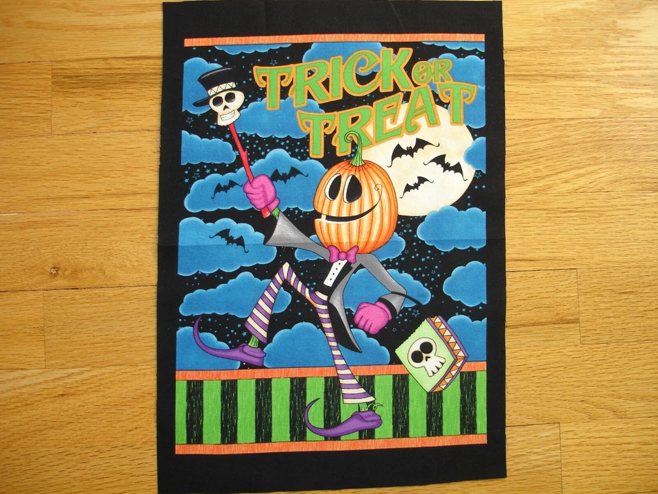 Halloween Trick Or Treat Pumpkin Man Skeleton Cane  Cotton Quilt Fabric Block - Image 1 of 1