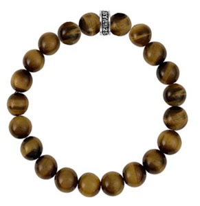 KING BABY Q40-5804-TIG 10MM BROWN TIGER EYE BRACELET W/ 925 SILVER LOGO RING S - Picture 1 of 1