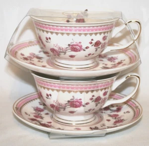 Grace Teaware Fine Porcelain Pink Roses Teacups and Saucers Set of Two New - Picture 1 of 3