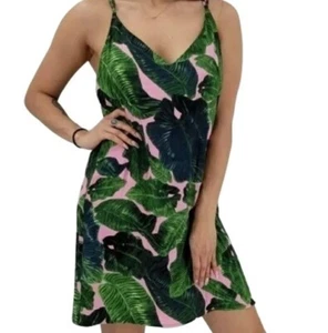 Topshop Womens Mini Sundress Pink Green Tropical Leaf Floral 2 - Picture 1 of 2