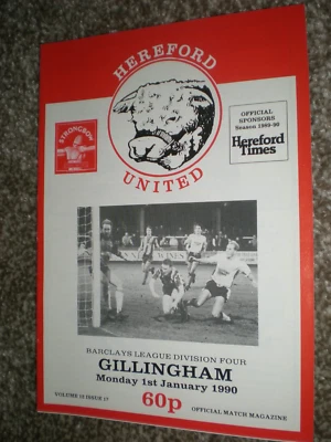 HEREFORD UNITED v GILLINGHAM, 1st JAN 1990, NO WRITING, VERY GOOD CONDITION. - Image 1 of 2
