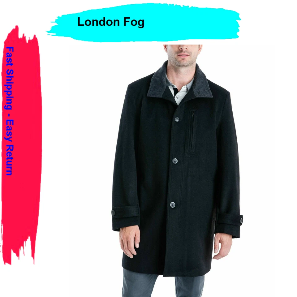 London Fog Mens Top Coat Black Size 42 Long Clark Classic Fit Solid #111