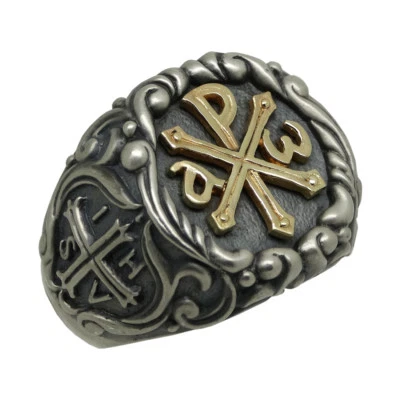 Anel masculino Knights Templar Chi Rho ouro 10K e prata 925 Alfa Omega tamanhos EUA - Imagem 1 de 4