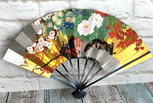 Japanese Folding Hand Fan Black Lacquer Handle Double Sided Art Fan - Picture 1 of 12
