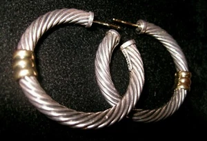 Vtg David Yurman Sterling Silver 14kt Gold Classic Cable Wire 1.5" Hoop Earrings - Picture 1 of 12