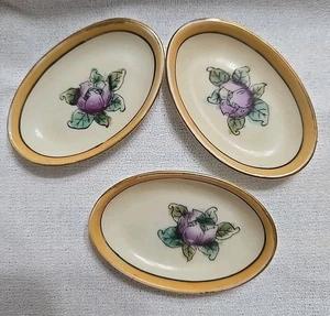 Noritake Salzkeller 3er Set Japan handbemalt lila Blume gelber Rand - Bild 1 von 10