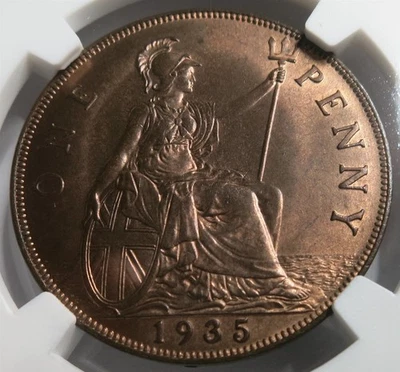 GREAT BRITAIN UK England 1 Penny 1935 NGC MS 64 RB UNC Bronze King George RED #3 - Image 1 of 4