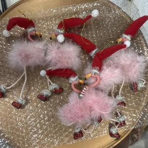 Kurt Adler Pink Flamingo Boa Feather Santa Hat Christmas Ornament set of 6 - Picture 1 of 5