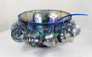 Indiana Iridescent Blue Carnival Glass Princess Punch Bowl Set 24 pieces Vintage - Picture 1 of 21
