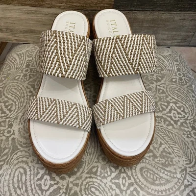 Sandálias anabela femininas ITALIAN SHOEMAKERS tamanho 10 plataforma de cortiça tecido branco bronzeado - Imagem 1 de 4