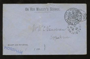 AUSTRALIEN 1893 OFFIZIELLER KASSENUMSCHLAG HORSHAM DUPLEX OHMS nach HOPETOUN - Bild 1 von 1