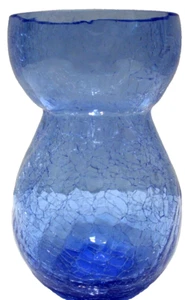 Vintage Hand Crafted Crackle Glass Vase Blue Flat Smooth Polished Rim 5 1/2" T - Picture 1 of 6