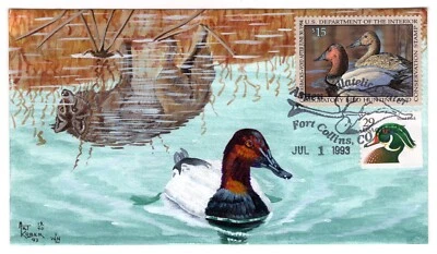 RW60 Canvasbacks 1993 FDC Art Kober Hand-Painted Duck Hunting - Image 1 of 2