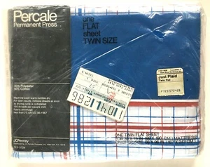 Vtg JC Penney Flat Sheet Twin Size Red White Blue Percale Single Bed Patriotic - Picture 1 of 4