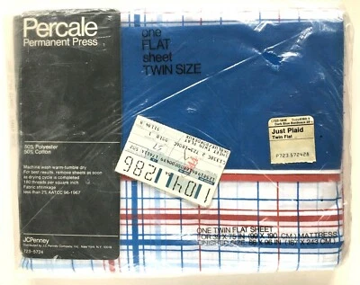 Vtg JC Penney Flat Sheet Twin Size Red White Blue Percale Single Bed Patriotic - Image 1 of 4