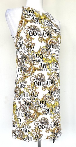 Abito senza maniche Versace mini shift con logo stampato al dettaglio $450 nuovo con etichette xs us 38 it