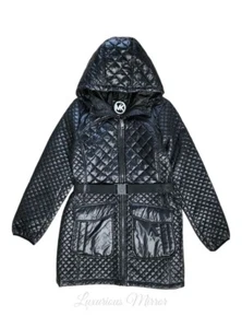 Michael Kors Womens Belted Hooded Quilted Puffer Coat Black Water Resistant Sz L - Bild 1 von 6