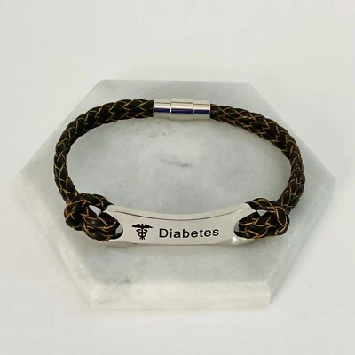 PROBENVERKAUF Diabetes medizinisches Warnarmband braun geflochten Leder Unisex 035 - Bild 1 von 4