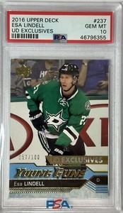 2016 UPPER DECK Esa Lindell PSA 10 #57/100 EXCLUSIVES RC YOUNG GUNS ROOKIE POP 4