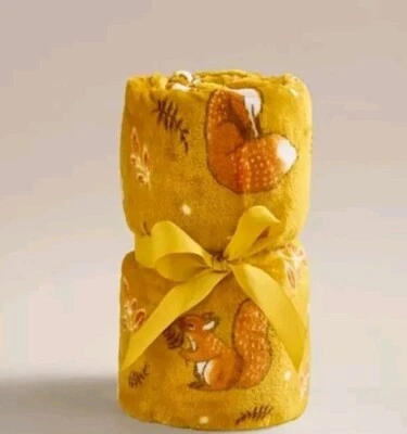 AUTUMN ANIMALS SQUIRREL FOX YELLOW THROW BLANKET SUPERSOFT - Image 1 of 3