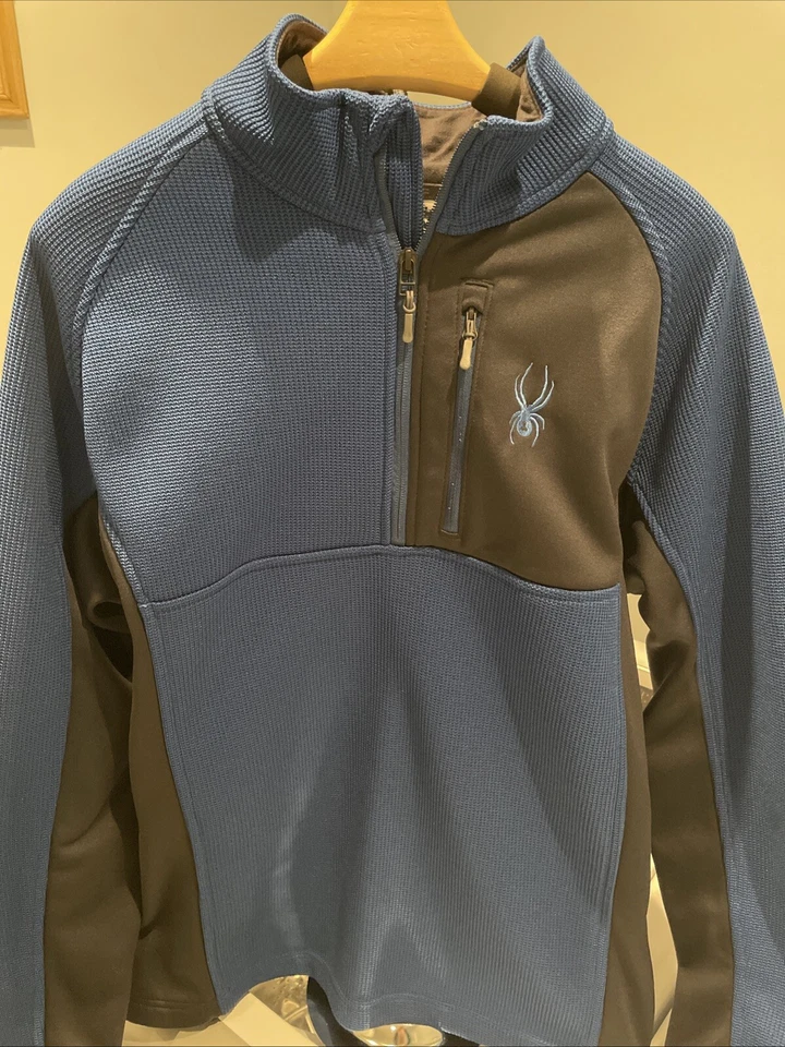 Spyder Masculino Grande Manga Longa Azul Preto Poliéster Pesado 1/4 Zíper Inverno Quente - Imagem 1 de 4