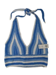 Hollister Crochet Cropped Halter Top Blue White Tie Neck Size L - Picture 1 of 4