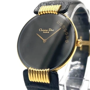 Christian Dior Quartz Watch Wristwatch Logo Black Gold Women's Authentic - Picture 1 of 24