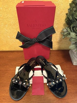VALENTINO GARAVANI Rockstud Rubber Thong Bow Sandals~ 8 (38) Black $490  - Image 1 of 4