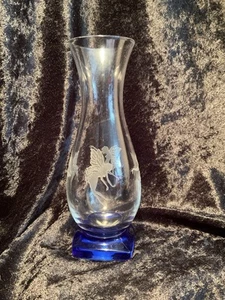 Bormioli Rocco Ibisco Clear Vase Etched With Fairies Cobalt Blue Base Signed - Picture 1 of 11