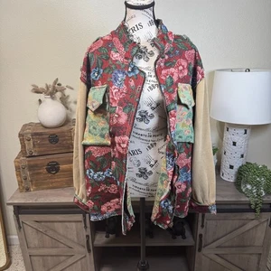 POL Patchwork Tapestry Shacket Floral Full Zip Oversized Size L Boho Hippie - Picture 1 of 10