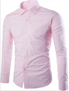 Solid Color Men's Casual Slim Multi-Color Formal Long Sleeve Shirt Business Tops - Picture 1 of 30