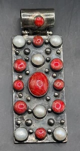 Ciondolo vintage argento sterling 925 pietra turchese rosso con perle gioielli  - Foto 1 di 3
