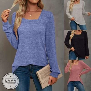 Women's Long Sleeve Tunic Top Casual Square Neck Basic T-Shirt Blouse Loose Fit - Picture 1 of 16