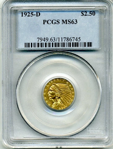 1925-D Indian Head $2.50 Gold Quarter Eagle PCGS MS63 Cover