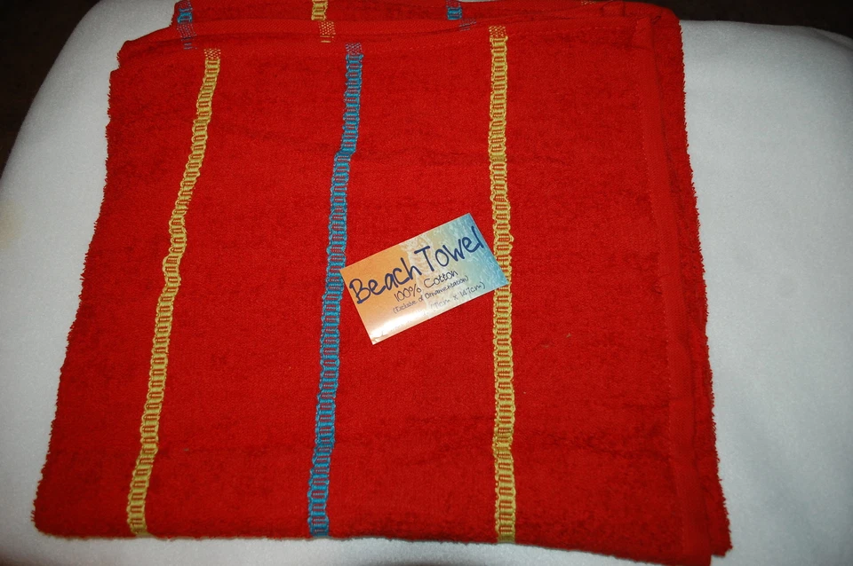 Toalla de playa ROJA con líneas cosidas amarillas y azules 28 pulgadas x 58 pulgadas 100 % ALGODÓN Foto 1 de 1