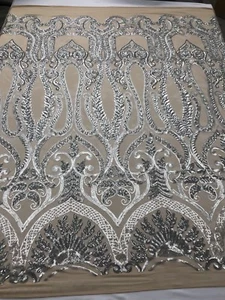 GRAY DIVA DESIGN EMBROIDER SEQUINS ON A 4 WAY STRETCH NUDE MESH-SOLD BY YARD. - Picture 1 of 11