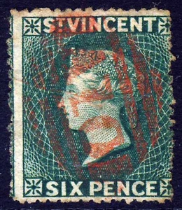 ST. VINCENT QV 1875 Seis Peniques Azul-Verde Profundo Wmk Star Sideways P.15 SG 19b MUY BUEN ESTADO - Imagen 1 de 2