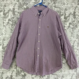 Ralph Lauren Shirt Men Large Custom Fit Burgundy Striped Long Sleeve Flesh Pony - Picture 1 of 13