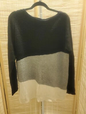Dkny Womens Sweater Size Large Gray Black Beige Slit Long Sleeve Crew Neck - Image 1 of 4