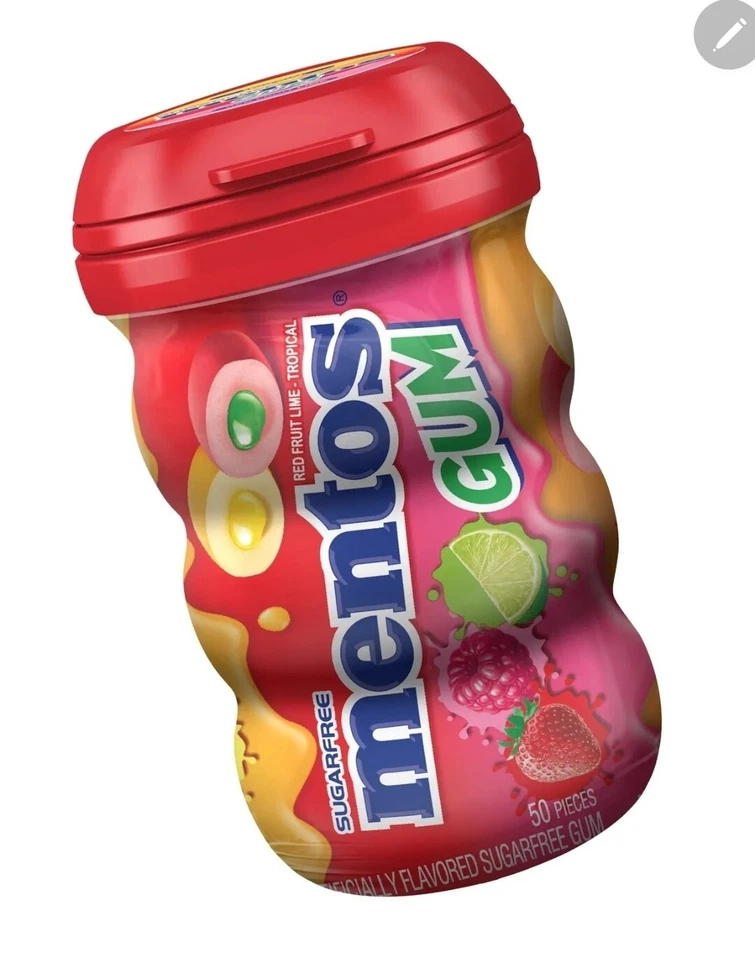 MENTOS GOMA DE MASCAR TROPICAL SEM AÇÚCAR LIMÃO FRUTA VERMELHA, GARRAFA DE 50 PEÇAS.  - Imagem 1 de 1