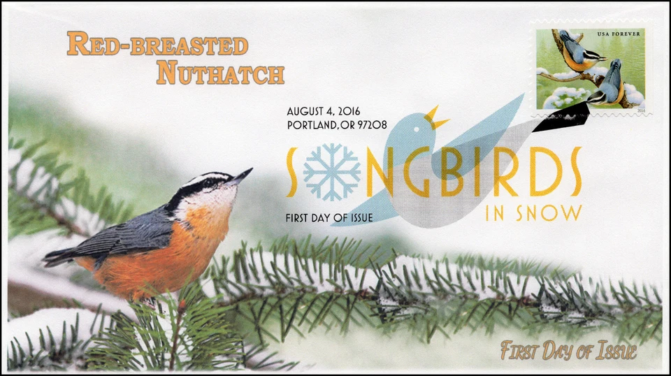 2016, Songbirds in Snow, Red-Breasted Nuthatch, DCP, FDC, 16-244 - Image 1 of 1