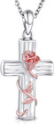 Sterling Silver Cremation Jewelry - Cross Urn Necklace for Ashes Rose Gold Flowe