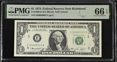1974 $1 FRN Richmond PMG 66 EPQ ⭐ Fancy Serial E00800007A ⭐ Fr.1908-E Superb Gem - Image 1 of 3