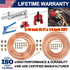 Brake Line Repair Kit 3/16 + 1/4 25FT Copper Pipe Flaring Tool 44 Fittings Nuts - Picture 1 of 17