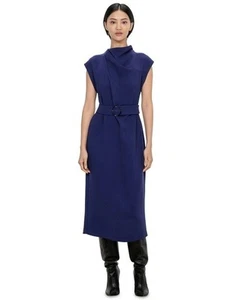 VERONIKA MAINE Modern Weave Drape Neck Dress SIZE 16 Navy Blue Belted Midi VGUC - Picture 1 of 9