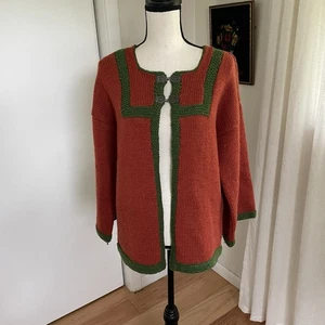 Handmade Wool Cardigan Orange Green Hand Knit Sweater Wide Sleeves Large - Picture 1 of 9