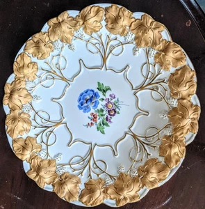 Antique 19thC Meissen Porcelain Bowl Cabinet Plate Gilded Leaves Numbered C1850 - Picture 1 of 16